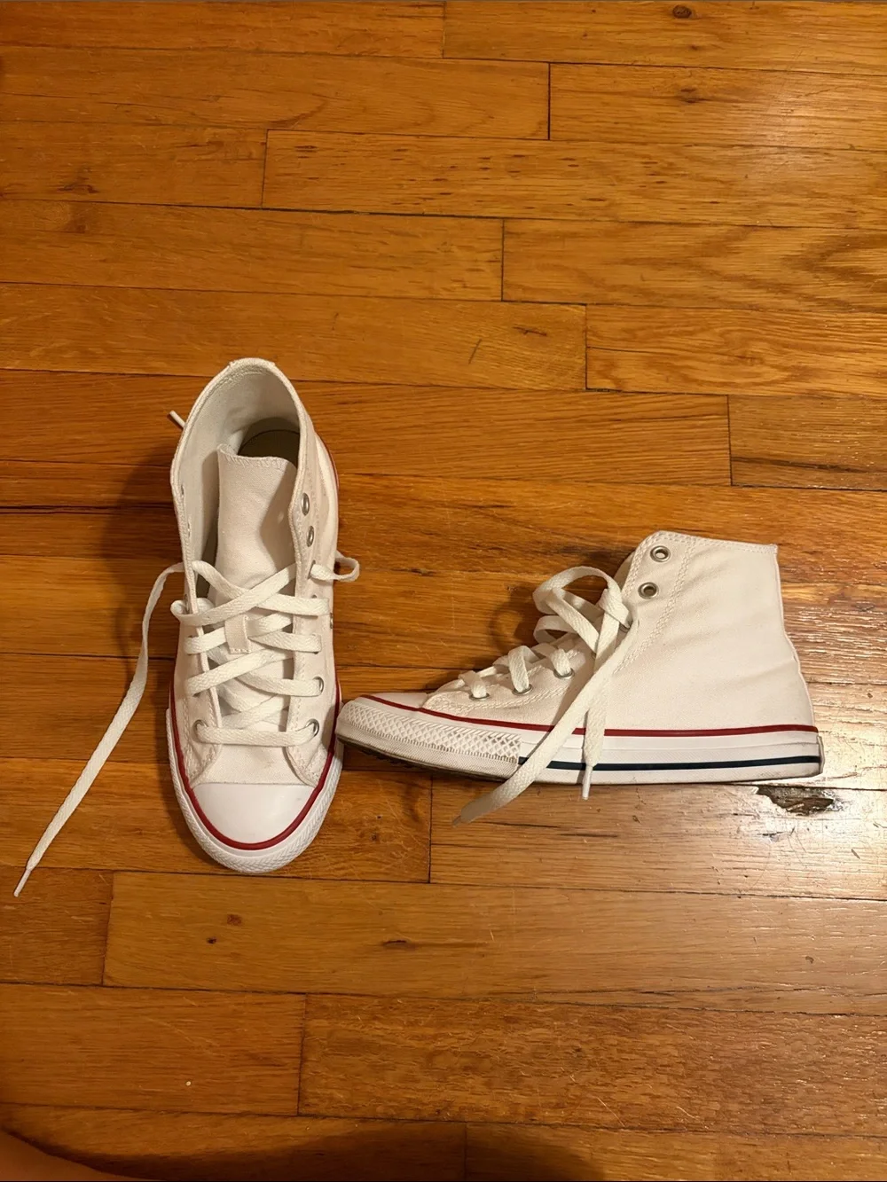 Kids White High-Top Canvas Sneakers with Red & Blue Stripe